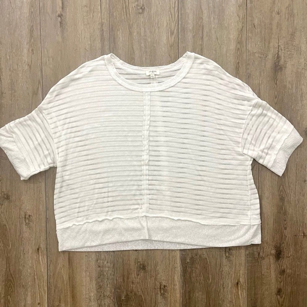 UMGEE Oversized Boxy Shirt White Textured Coastal Sheer Boho Short Sleeve Crop L - Picture 8 of 8